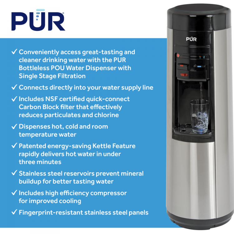 PUR® Bottleless Point-Of-Use Water Dispenser, Single Stage Filtration Bottleless Floor Standing Dispensers PUR®   